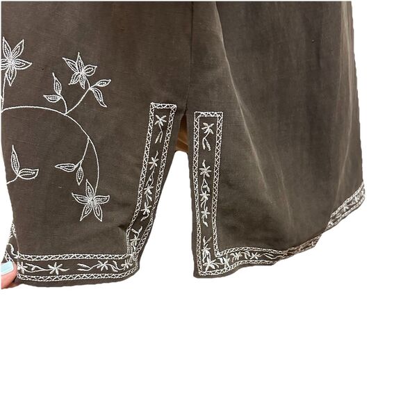 dressbarn Women Button Up Shirt Size 20W Brown Silk Linen Floral Embroidery Boho - Picture 3 of 13